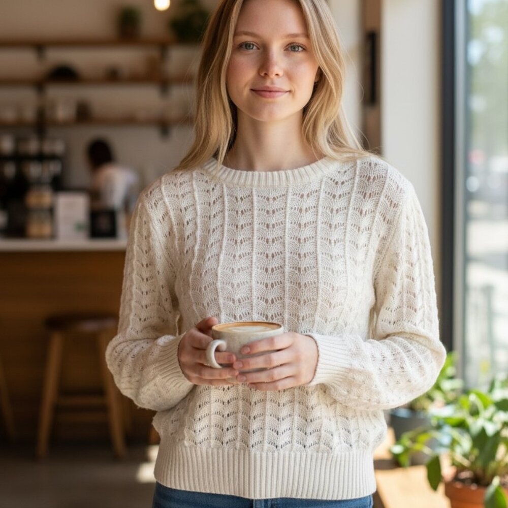 Marled Scalloped Knit Sweater Cropped